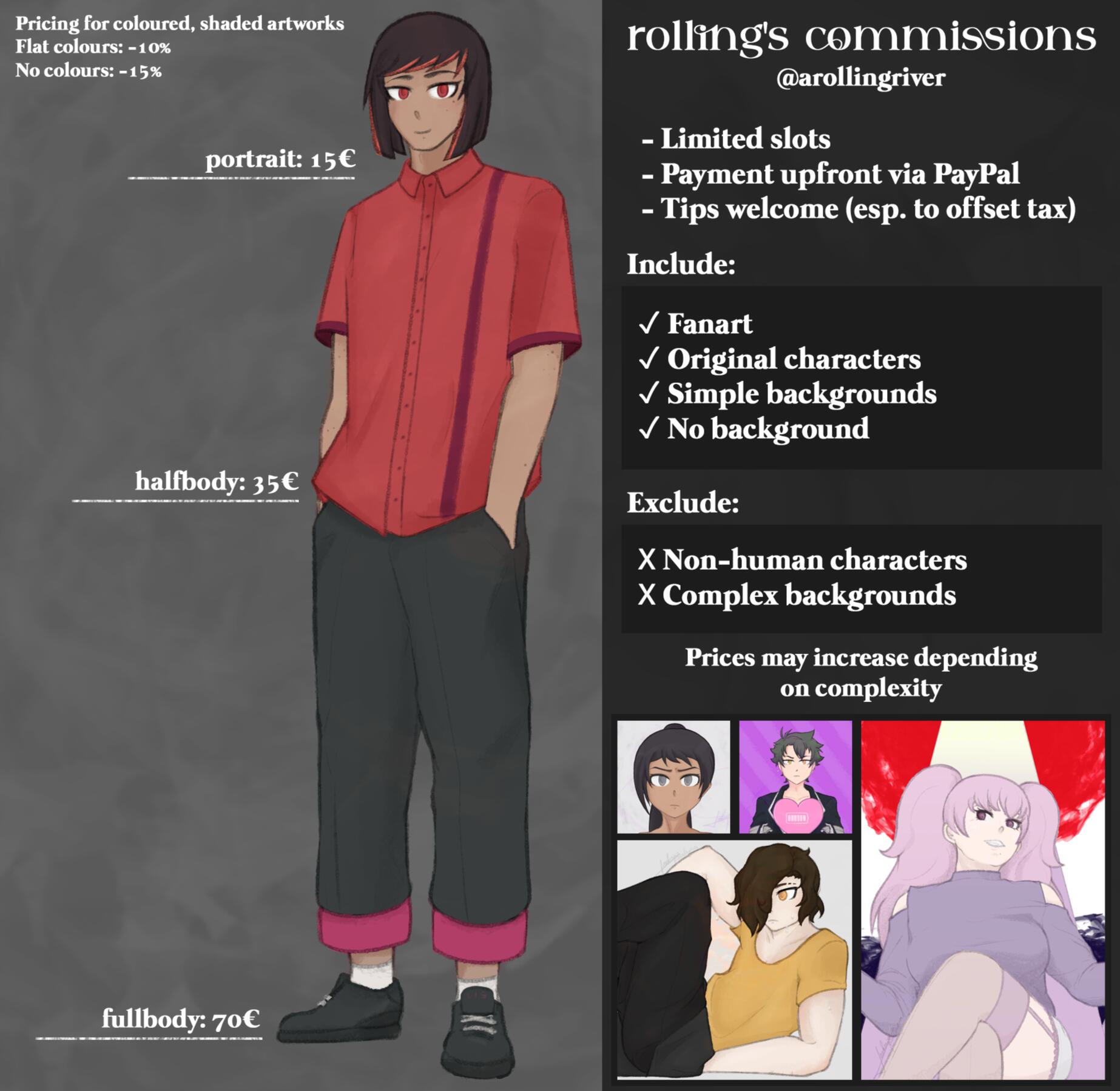 Commissions board. The price for one icon is 10€. 7€ if black and white. DM on Twitter or tumblr @arollingriver. Will do: fanart or OC, simple backgrounds, transparents. Won't do: furry, mecha, offensive imagery.